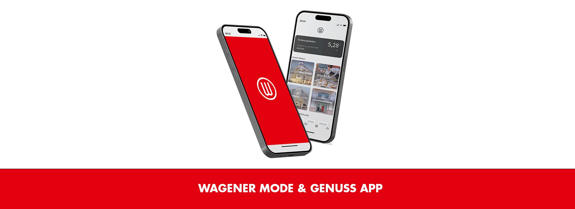 Wagener Mode & Genuss App promotion with smartphones displaying app logo